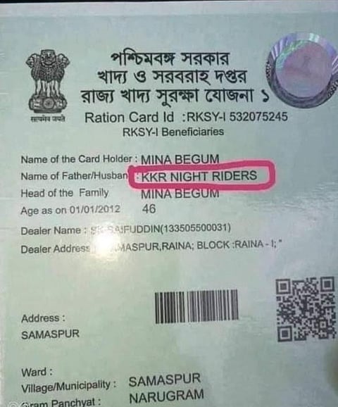 Ration card in KKR's name goes viral, Bengal Food Department declares it 'fake'