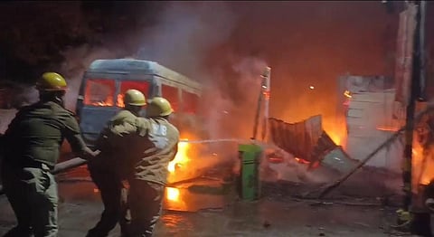 A massive fire broke out in a bus outside a jute mill in Shyamnagar.