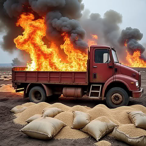 Three trucks loaded with rice were set on fire; the accused were arrested based on CCTV footage.