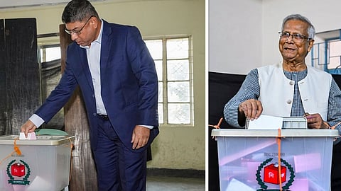 बांग्लादेश के सेना प्रमुख वाकर उज जमान और अंतरिम सरकार के मुखिया मोहम्मद यूनुस वोट डालते हुए।