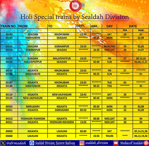 रंग फीके न पड़ने दें: Sealdah Division ने होली पर घर पहुँचाने के लिए 9 जोड़ी विशेष ट्रेनों की घोषणा की