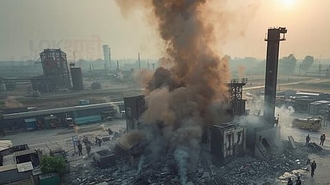 फैक्टरी में विस्फोट के बाद उठता धुआं।