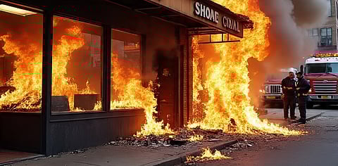 Fire broke out in the market near the station, burning several shops to ashes.