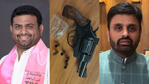 टीडीपी सांसद पुट्टा महेश यादव और बीआरएस के पूर्व विधायक पायल रोहित रेड्डी तथा जब्त गन।