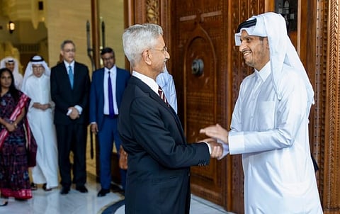 S. Jaishankar shaking hands with Qatar's Prime Minister and Foreign Minister Mohammed bin Abdulrahman Al-Thani