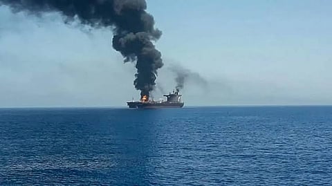 Oil tanker explodes after hitting a mine in Hormuz