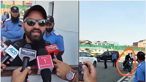 आप विधायक मेहराज मलिक पत्रकारों को संबोधित करते हुए, घेरे में मलिक बाइक चलाकर विधानसभा जाते हुए