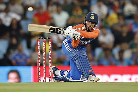 India's Tilak Varma plays a shot during the third T20 international cricket match between South Africa and India at SuperSport Park in Centurion on November 13, 2024. (Photo by PHILL MAGAKOE / AFP)
