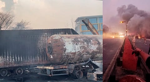 जयपुर में एलपीजी ट्रैंकर-सीएनजी ट्रक में टक्कर के बाद लगी आग।