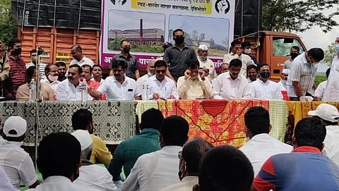Kirit Somaiya interacting with workers at the Parner Cooperative Sugar Factory premises