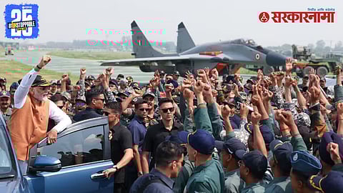 Prime Minister Narendra Modi addresses IAF personnel at Adampur Airbase, with S-400 missile system and MiG-29 jets in the background, symbolizing India's enhanced defense posture.