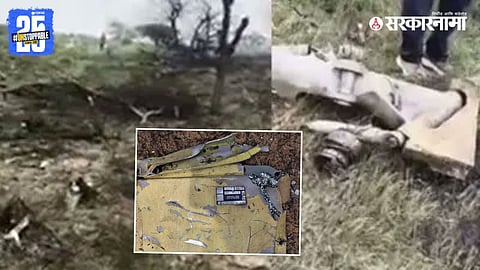 Wreckage of the IAF Jaguar fighter aircraft seen near Churu district in Rajasthan after the crash; investigation underway by the Indian Air Force.