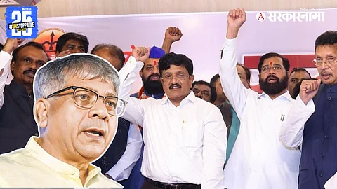 Leaders Anandraj Ambedkar and Eknath Shinde at the announcement of their political alliance, as Prakash Ambedkar condemns it as a betrayal of core Ambedkarite values.