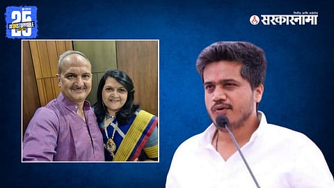 "Anjali Damania with husband Anish Damania, who recently joined a government think tank, receiving wishes from Rohit Pawar."