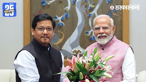 Meghalaya Chief Minister Conrad K. Sangma submitting the resignations of eight ministers to Governor C.H. Vijayashankar ahead of a sweeping cabinet reshuffle.