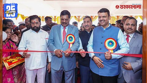 Chief Justice Bhushan Gavai addressing an event in Konkan with Devendra Fadnavis and Eknath Shinde, acknowledging Uddhav Thackeray’s cooperation.