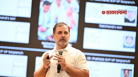 "Rahul Gandhi addressing the press conference, revealing corruption and power manipulation in Haryana and Maharashtra governments."