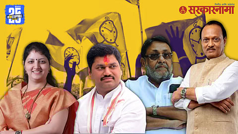 Deputy CM Ajit Pawar with senior NCP leaders during the announcement of 40 star campaigners for upcoming Maharashtra local body elections, featuring key faces like Nawab Malik, Dhananjay Munde, and Rupali Chakankar.