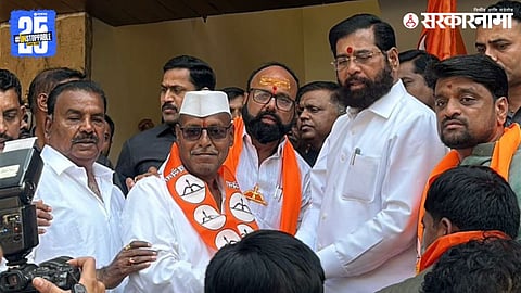 Senior NCP leader Dnyaneshwar (Mauli) Ghodekar being welcomed into Shiv Sena by Deputy CM Eknath Shinde in Mumbai, in presence of district president Devidas Darekar.