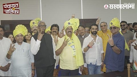 Bahujan Vikas Aghadi (BVA) supporters celebrating the victory of senior corporator Ajiv Patil as the new Mayor of Vasai-Virar City Municipal Corporation after defeating the BJP candidate.
