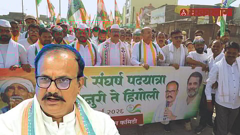 Maharashtra Congress president Harshvardhan Sapkal pays tribute at late Rajiv Satav’s memorial in Kalamnuri before launching the Shetkari Sangharsh Padayatra in Hingoli district.