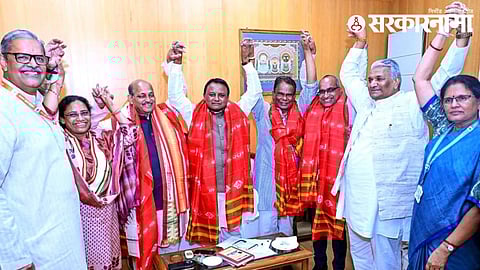 Rajya Sabha winning candidates third from left Manohan Samal, Chief Minister of Odisha Mohan Charan Majh, Indpendent Rajya Sabha candidate Dilip Ray and Sujeet Kumar celebrate their victory after the Odisha Rajya Sabha MP election in Bhubaneswar.