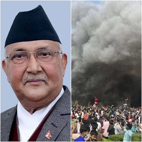 Nepal PM KP Sharma Oli on the left and photo of Parliament premises on the right as protesters stormed the building amid their anti-government protests