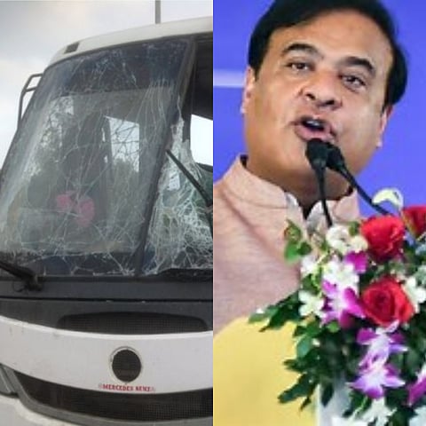 Representative image (bus) and File photo of Assam CM Himanta Biswa Sarma