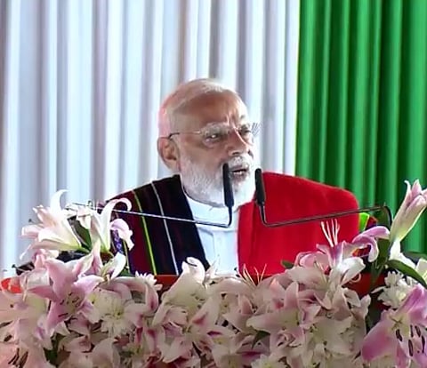 Prime Minister Narendra Modi addressing the gathering at Churachandpur