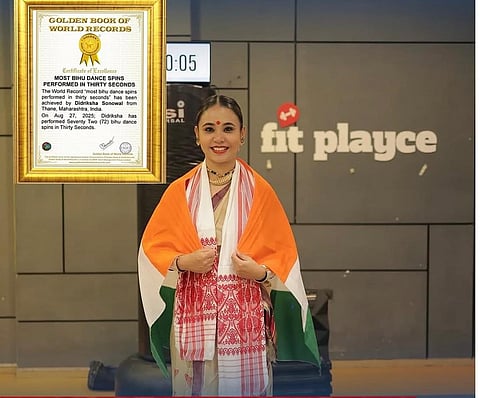 Didriksha Sonowal, the Assamese dancer, stunned the globe by performing 72 Takori-Ghura (Bihu spins) in just 30 seconds earning two world records