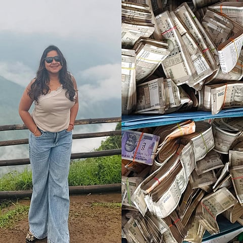 Image of accused ACS Nupur Bora on the left and the cash found on the right