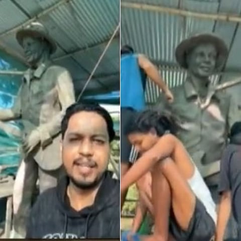 Image of young fan Yagnajyoti Bora sculpting late Zubeen Garg's statue