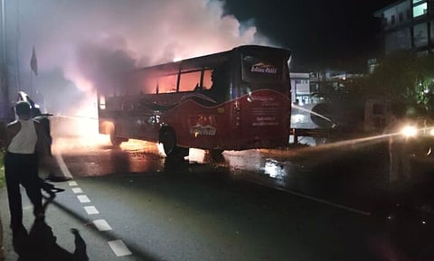 Bike rider killed as bus catches fire after collision on NH 6 at Nongpoh