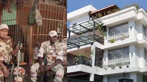 Image of CRPF personnels on the left and Shyamkanu Mahanta's Geetanagar's residence on the right