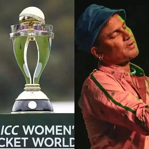 Image of ICC Women's Cricket Trophy on the left and late legendary singer Zubeen Garg on the right