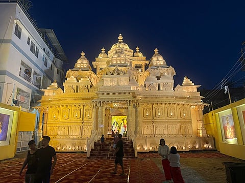 Image of Durga Puja Pandal by Guwahati Manipuri Basti Puja Committee 2025 is based on a replica of Akshardham Temple.