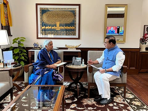 Image of Assam Chief Minister Himanta Biswa Sarma during a discussion with Finance Minister Nirmala Sitaraman