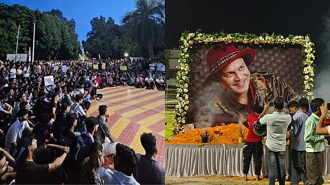 Image of TU students protesting inside the campus on the left and paying tribute to late music icon Zubeen Garg on the right