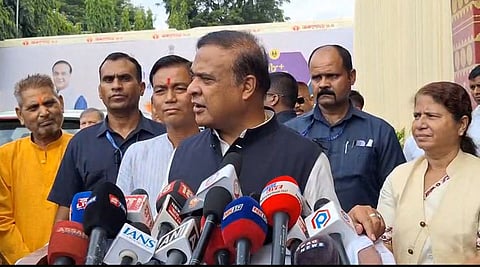 Image of Assam Chief Minister Himanta Biswa Sarma while addressing the media