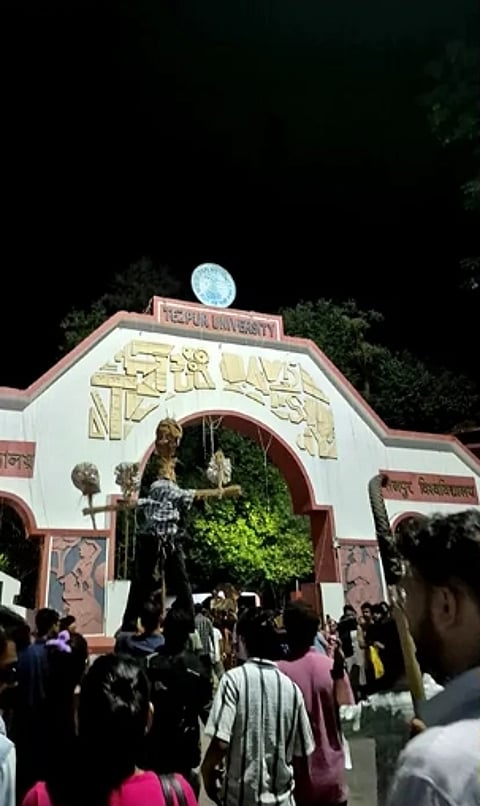 Image of Tezpur University students staging protest, demanding the resignation of the Vice Chancellor