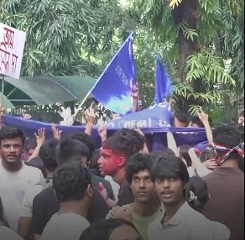 Image of the celebration among the students of Cotton University after Union election 2025-26 results being declared