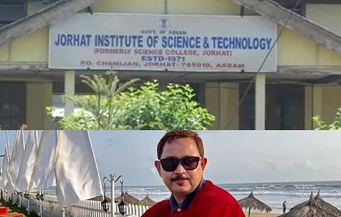 Image of Jorhat Institute of Science and Technology on the top and Shyamkanu Mahanta on the bottom