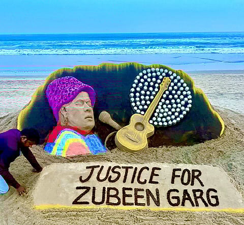 Image of sand Sculpture at puri beach to pay tribute to the late Singer Zubeen Garg