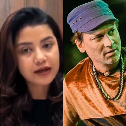 बाईं ओर असमिया अभिनेत्री अमृता गोगोई और दाईं ओर दिवंगत संगीत आइकन की तस्वीर