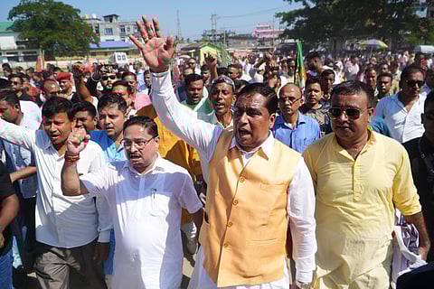 Image of Assam Minister Jayanta Malla Baruah and Assam BJP president Dilip Saikia leading the Nyay Yatra