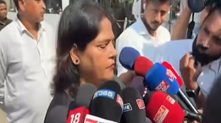 Image of prominent writer Rita Chowdhury while speaking the media