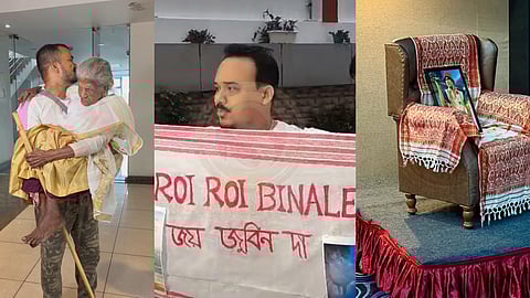 Image of a fan carrying an old lady who came to watch 'Roi Roi Binale' on the left, A Fan proudly carrying Gamosa, "Joi Zubeen Da" inscribed in it in the middle and A chair reserved for Zubeen Garg in Matrix Cinema Hall on the right.