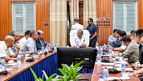 Image of the Union Minister, Bandi Sanjay Kumar, in conversation with several significant officials in the meeting held at the Conference Hall, Old Secretariat in Manipur