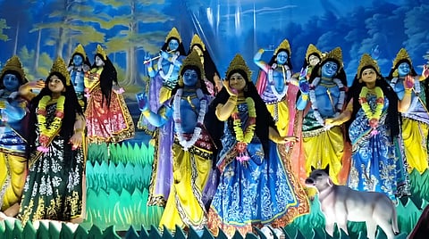 Image of the 97th Barpeta Road public Raax festival, divine love of Lord Krishna and Radha.