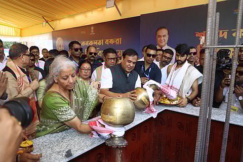 Image of Union Minister Nirmala Sitharaman and Assam Chief Minister Himanta Biswa Sarma during the Bhumi Pujan rituals of Kanaklata Barua State University at Gohpur